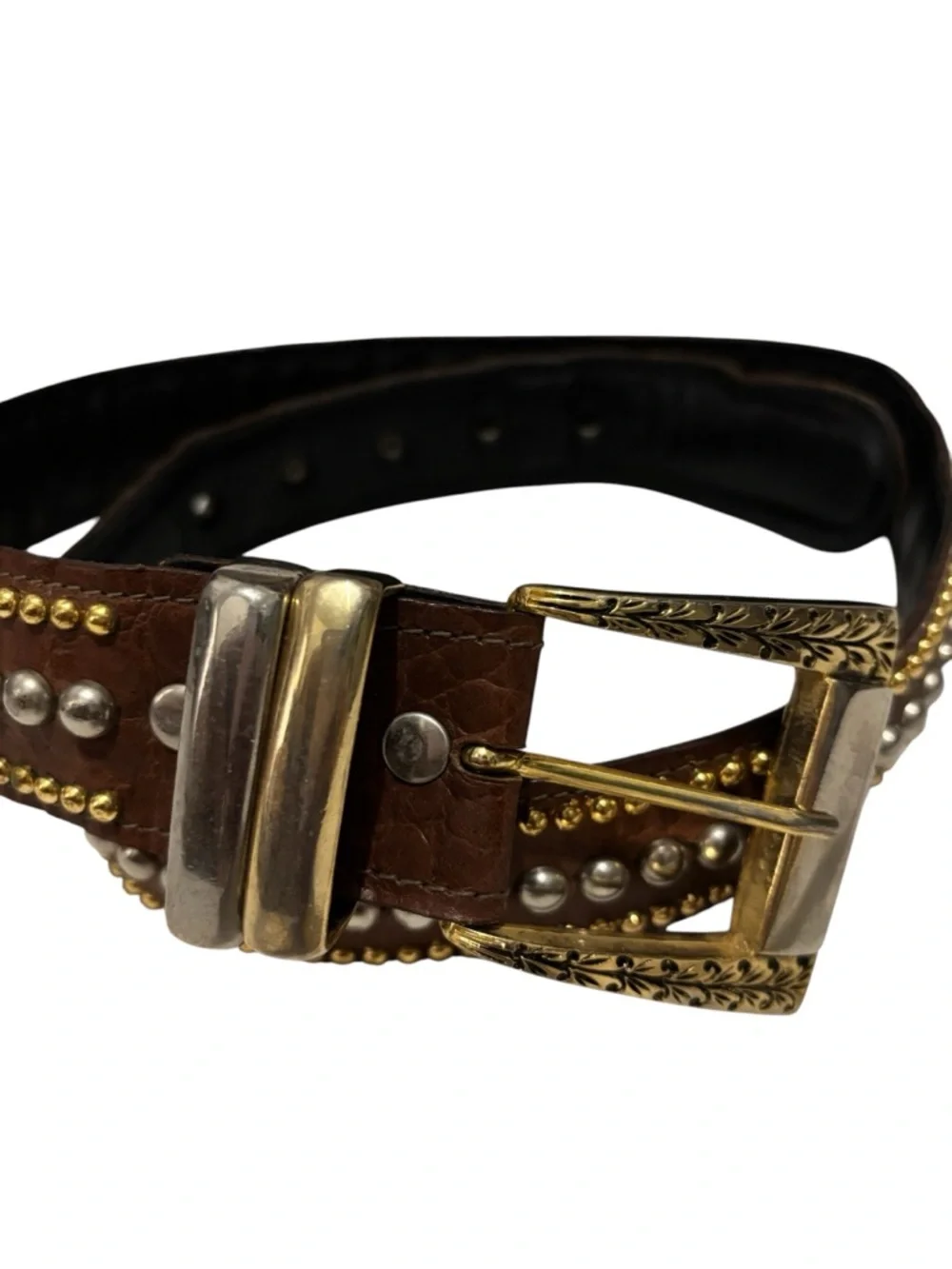Vintage Sand Castle USA Studded Leather Western Belt Brown Gold Silver Rodeo